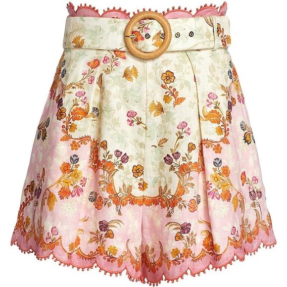 Zimmermann Pants - Zimmermann Laurel Belted Embroidered Floral Linen Shorts Poms Pink Orange Ecru